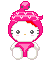 Pixelated character with white face and pink clothing, wearing a pink hooded outfit with heart patterns and a curled pink top, shown in two expressions.