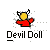 Pixelated character with yellow face, black outline, white horns, red shirt, and outstretched arm on gray background with 'Devil Doll' text below.