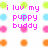 Pixelated image with pink text reading 'i luv my puppy buddy' and 'go nets!!!!! <3 u buddy', surrounded by colored circular icons in green, blue, pink, orange.