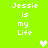 Green background with white pixelated text 'Jessie is my Life' and heart symbols in different positions across frames.