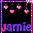 Pixelated animation of pink hearts hanging from dotted lines above the name 'Jamie' in purple and pink text on a black background.
