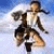 Animated pixelated image of a figure in mid-action pose with arms outstretched and one leg raised, set against a blue sky background.