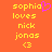 Yellow pixelated text on orange background reads 'sophia loves nick jonas <3' with a pink heart symbol replacing the letter O in 'sophia'.