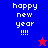 Pixelated 'happy new year !!!!' text on blue, purple, and red backgrounds with a red star on blue and blue star on red.