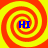 Four identical spiral patterns with red and yellow stripes surround blue 'HI' text on a bright background.