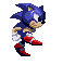 Six pixelated Sonic the Hedgehog frames show running motion with blue fur, red shoes, white gloves, and a neutral expression against gray background.