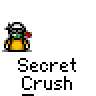Animated contact sheet of a pixel art buddy icon showing sequential frames where a yellow stick figure character with white helmet and red flower gradually approaches and interacts with a smaller female character in red dress, all labeled "Secret Crush" below each frame.