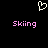 Pixelated white heart symbol above two identical pink 'Skiing' text blocks on black background.