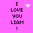 Pixelated text on pink background with animated heart and star effects, displaying 'I LOVE YOU LIAM !' in black block letters.