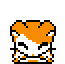 Pixel art hamster with orange and white fur, black eyes, and a small nose in various poses on gray background.