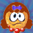 Pixelated cartoon character with brown hair, purple bow, red collar, and white eyes showing various expressions including neutral, smiling, and tongue-out.