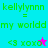 Pixelated green text reads "kellylynn = my world" with a heart symbol and "<3 xoxo" on cyan, purple, pink backgrounds.
