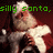 Santa Claus in red and white suit with green text overlays across four