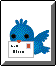 Blue pixelated bird holding white card with red square and unreadable text, set against gray background with black border.