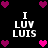 Black background with white text "I LUV LUIS" and pink/purple pixelated hearts arranged in a pattern