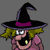 Pixelated witch icon with black hat, purple band, yellow hair, pink top, and two expressions: open mouth with teeth and closed mouth with smile.