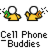 Animated contact sheet of six pixel art frames showing a yellow stick figure with white head holding green and orange objects, repeating text "Cell Phone Buddies" below each row on gray background.