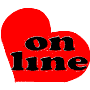 Two red heart-shaped icons with black text; left reads 'on line', right reads '24 / 7' on white background.