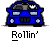 Blue car icon with white text 'Rollin'' below, showing slight variations in car front design across frames.