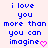 Blue pixelated text reads "i love you more than you can imagine" with a pink heart symbol on light background.