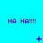 Blue background with repeated 'HA HA!!!' text and changing symbols across three