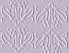Static image of a repeating floral pattern with stylized white flowers and leaves on a light purple background.