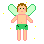 Pixelated character with brown hair, green wings, and green shorts against gray background with scattered white and yellow dots.