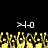 Two identical white pixelated symbols on black background above yellow and brown pixelated shapes resembling flames or grass.