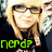 Pixelated image of a person with blonde hair and glasses, wearing a dark top with a patterned collar, with green text below.