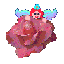 Pixelated cartoon figure with red hair and blue wings holding a large pink rose, displayed in two showing slight pose variation