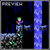 Pixel art preview image shows a character with green-yellow cap, blue outfit, and pink item standing on rocky terrain near vertical blue patterned structure.