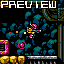 Pixel art scene with a character in mid-air, surrounded by blue and teal shapes on black background, featuring 'PREVIEW' text at top.