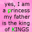 Animated contact sheet of 8 frames showing a pink background with repeated text "yes, I am a princess my father is the king of KINGS" where each frame highlights different letters in various colors.