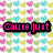 Pixelated text in pink with black outlines on a repeating pattern of small pastel hearts in pink, green, blue, and yellow.
