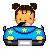 Pixel art animation of a cartoon girl driving a blue car with yellow stars, shown in two frames where her hand position changes from covering mouth to resting on chin.