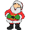 Santa Claus in red suit with white trim and green gloves, standing against gray background, showing multiple poses.