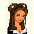 Pixel art of a female character with brown hair styled in an updo, wearing a black top and red platform shoes. A partial view shows her plaid skirt and belt.