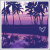 Pixelated tropical sunset scene with palm trees, water reflection, and a heart symbol on dark blue background.