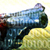 Pixelated image of a dark blue curved object with a rounded top against a light yellow background, showing visible pixelation and color blending.