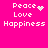 Pixelated text 'Peace', 'Love', and 'Happiness' on bright pink background with animated heart and star effects.