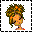 Pixelated doll avatar with multicolored hair and purple text labels in a