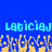 Blue background with light blue text reading 'LATICIAJ LATICIAJ' above a yellow and gray pixelated pattern resembling flames or abstract shapes.