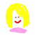 Pixelated icon of a smiling figure with yellow hair, brown eyes, red lips, and a pink lower body against a white background.