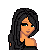Pixel art contact sheet showing two frames of a female character with long black hair, orange skin, and black-and-orange clothing against white background.