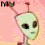 Pixelated alien figure with large black eyes and antennae appears in four distinct poses against pastel backgrounds, each labeled with partial text.