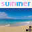 Pixelated beach scene with blue sky, ocean waves, and sand; text "summer" repeated in alternating pink and light blue letters above and below the image.