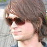 A two-frame contact sheet showing a person with brown hair and sunglasses on the left, transitioning to dark blue jeans with white stitching on the right.