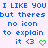 Blue pixelated text on light purple background reads "I LIKE YOU I LIKE YOU but theres but theres no icon no icon to explain it <3" with green heart symbol.