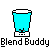 Pixelated blue blender with white top and base, containing yellow figure with black limbs, red liquid at bottom, and animated effects like splashes or particles.