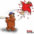 A pixelated animation shows a brown bear-like figure in blue cap swinging a bat at a red object, with motion blur and scattered fragments against white background.